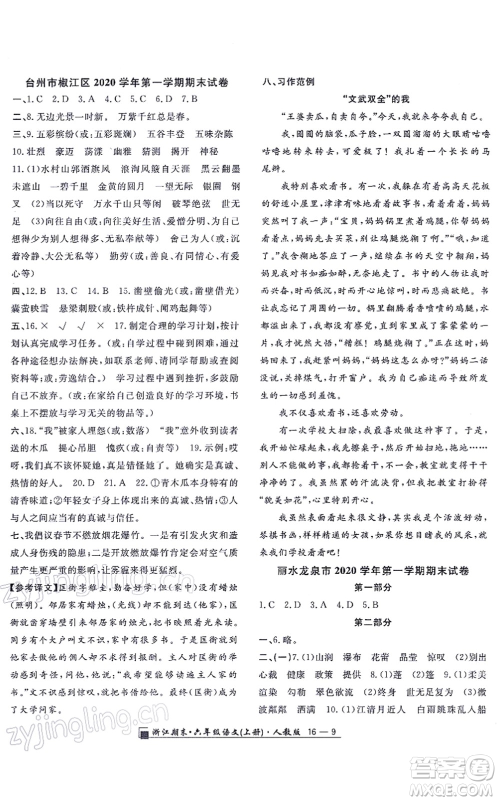 延邊人民出版社2021浙江期末六年級(jí)語(yǔ)文上冊(cè)人教版答案