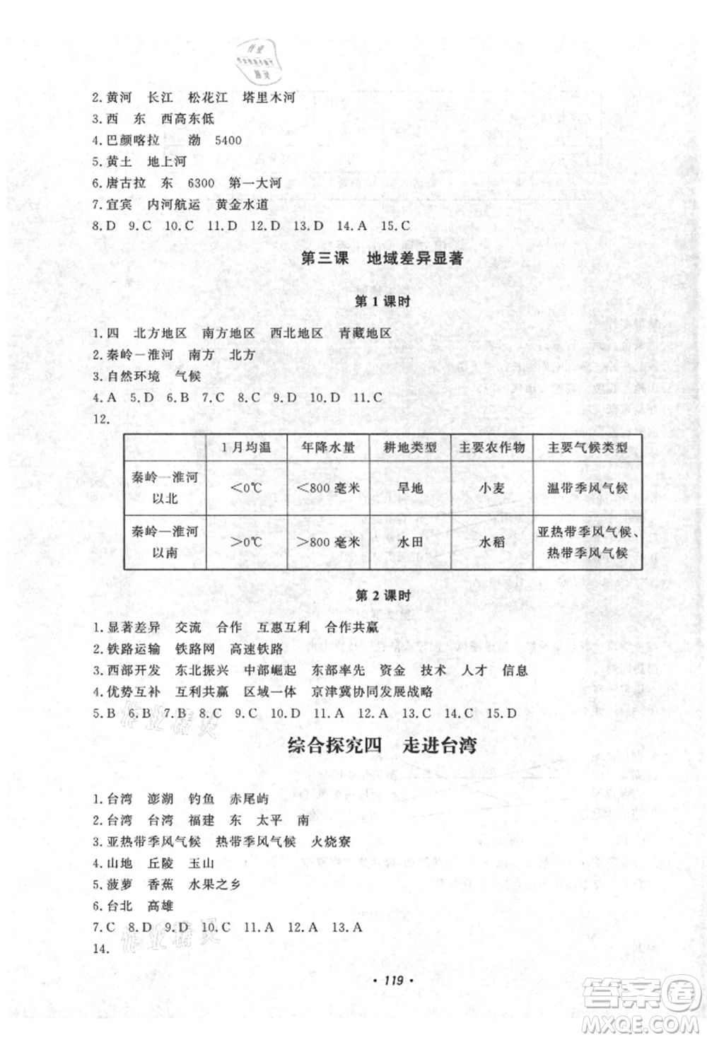 花山文藝出版社2021學科能力達標初中生100全優(yōu)卷八年級地理上冊人教版參考答案