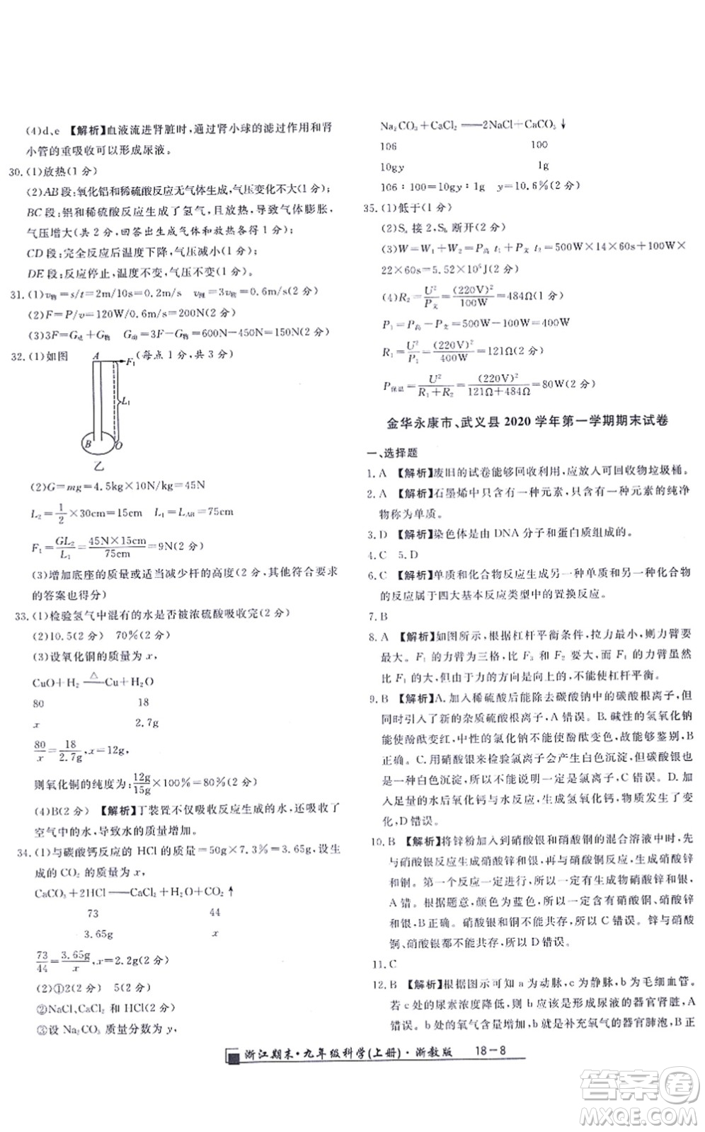 延邊人民出版社2021浙江期末九年級(jí)科學(xué)上冊(cè)浙教版答案