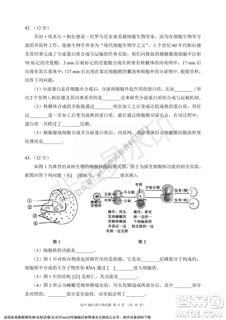 蓉城名校聯(lián)盟2021-2022學(xué)年度上期高中2021級(jí)期末聯(lián)考生物試題及答案