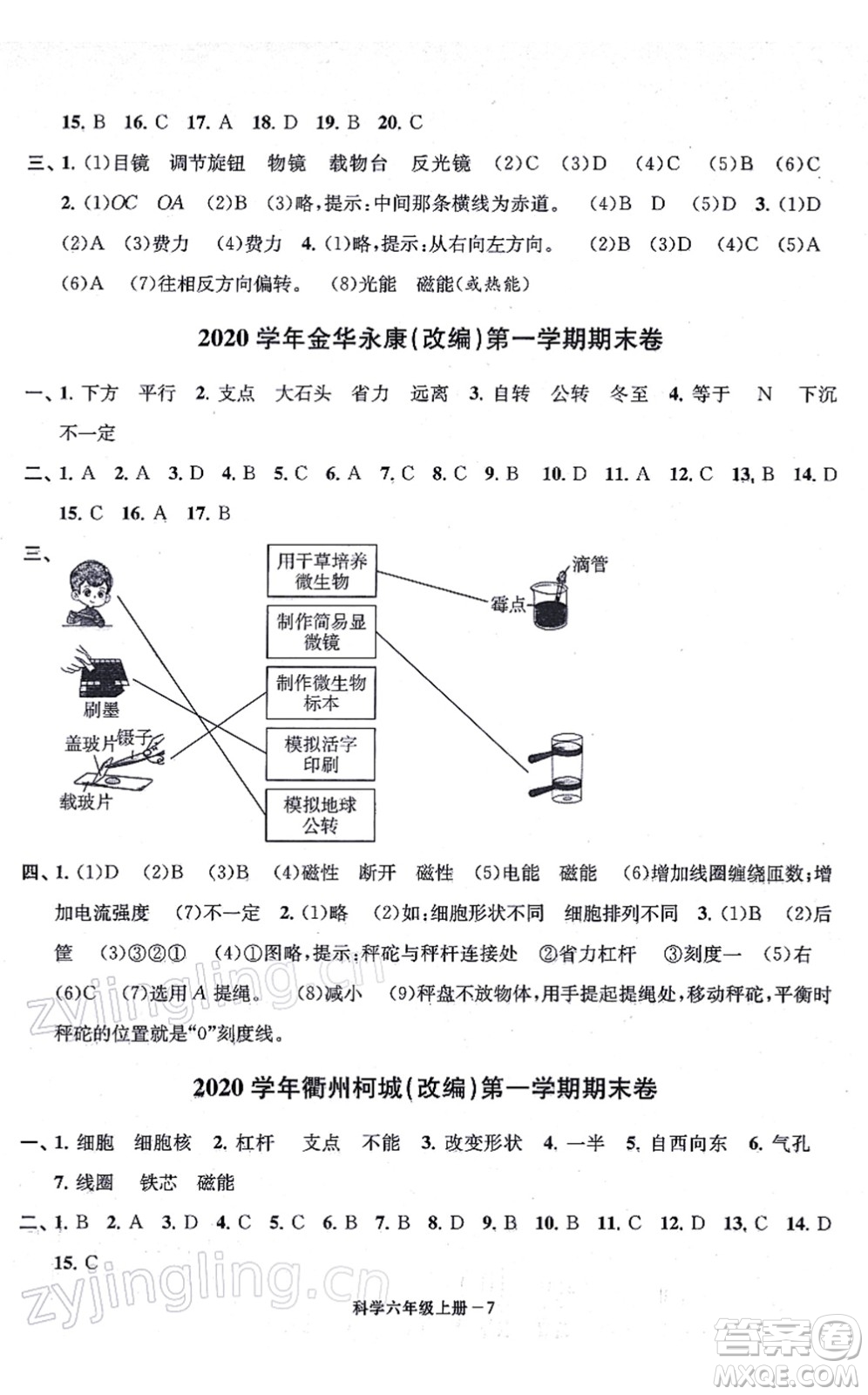 寧波出版社2021浙江各地期末迎考卷六年級科學(xué)上冊J教科版答案