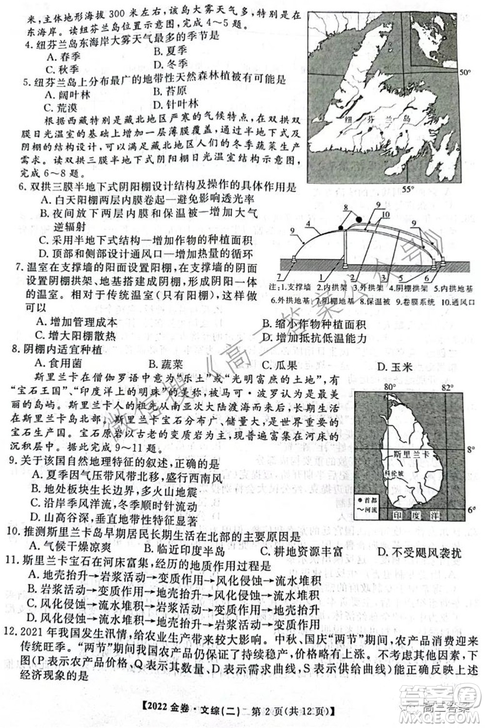 2022年普通高等學(xué)校招生全國(guó)統(tǒng)一考試金卷二文科綜合試題及答案