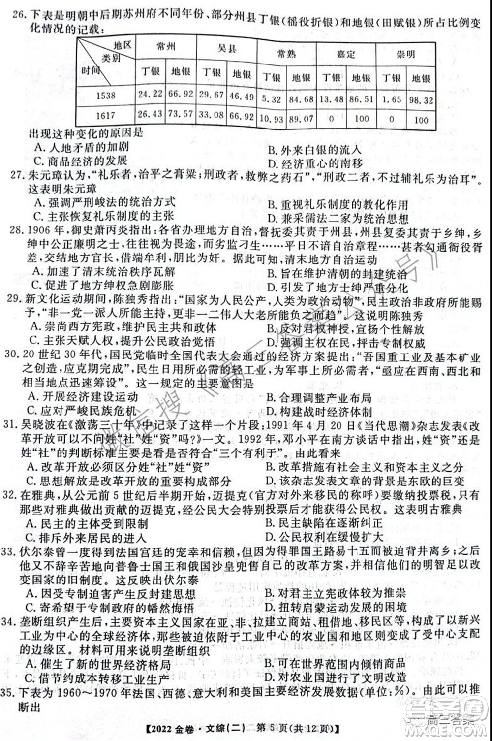 2022年普通高等學(xué)校招生全國(guó)統(tǒng)一考試金卷二文科綜合試題及答案