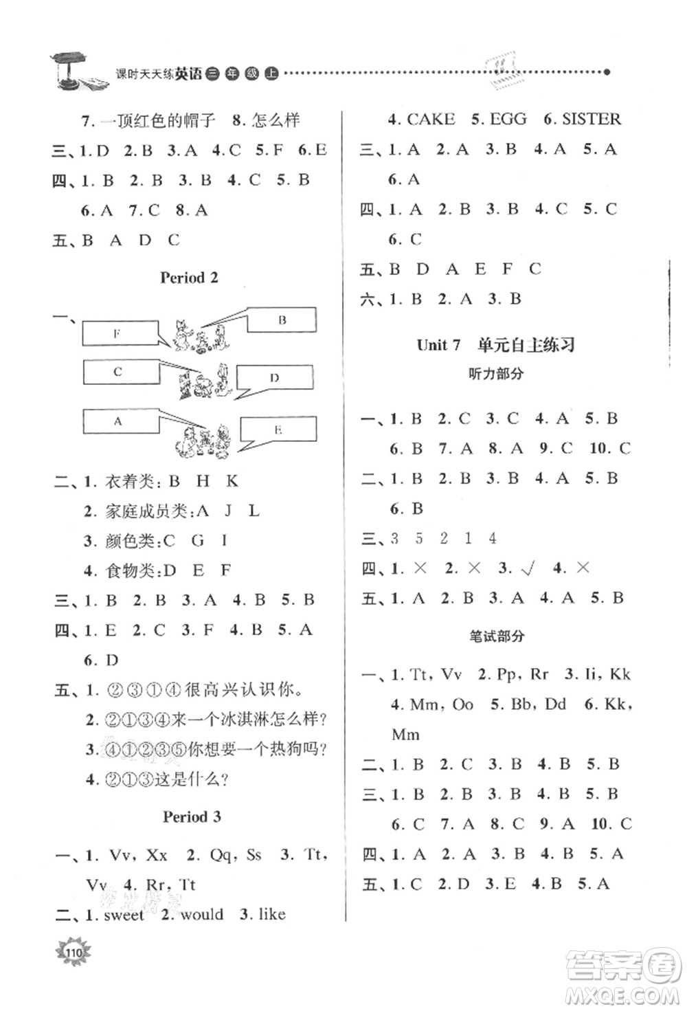 南京大學(xué)出版社2021課時(shí)天天練三年級(jí)英語上冊(cè)譯林版參考答案