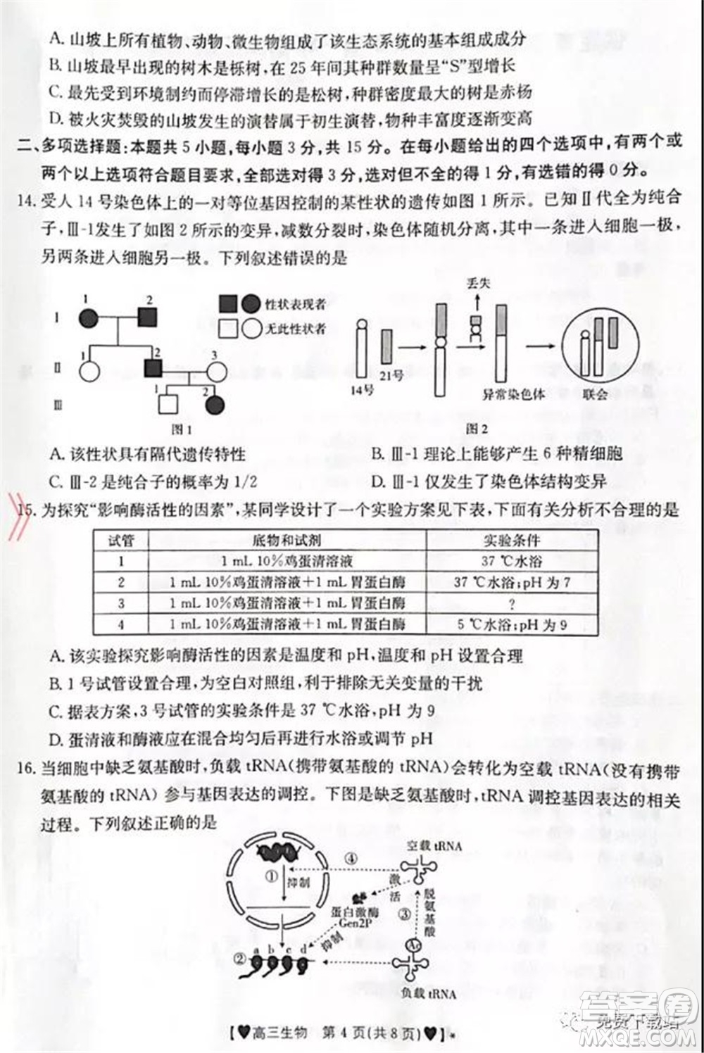 保定市2021-2022學(xué)年第一學(xué)期高三期末調(diào)研考試生物試題及答案