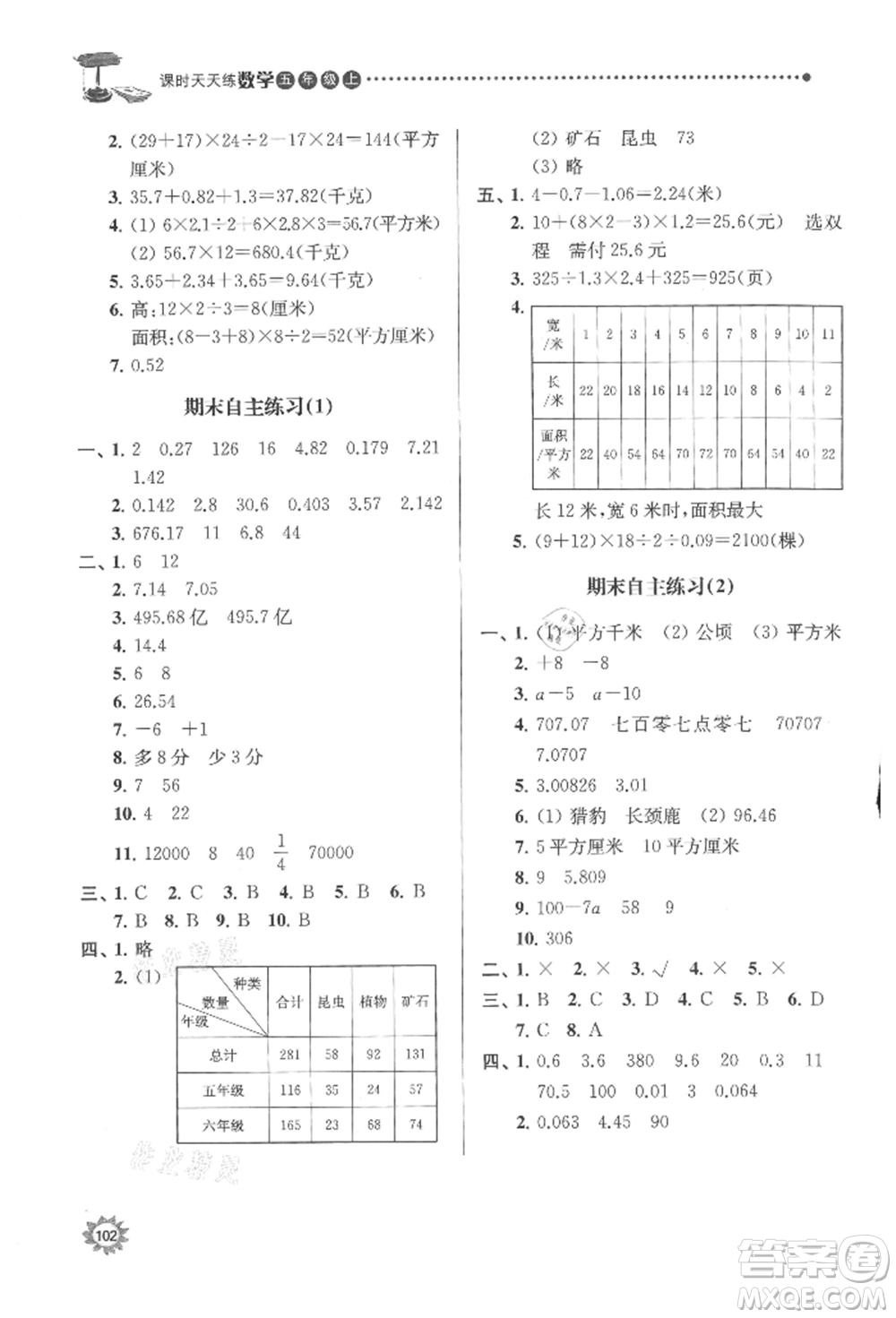 南京大學(xué)出版社2021課時天天練五年級數(shù)學(xué)上冊蘇教版參考答案