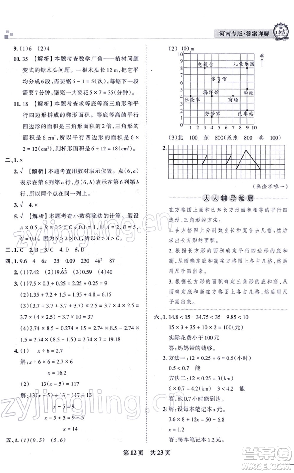 江西人民出版社2021王朝霞各地期末試卷精選五年級數(shù)學(xué)上冊RJ人教版河南專版答案