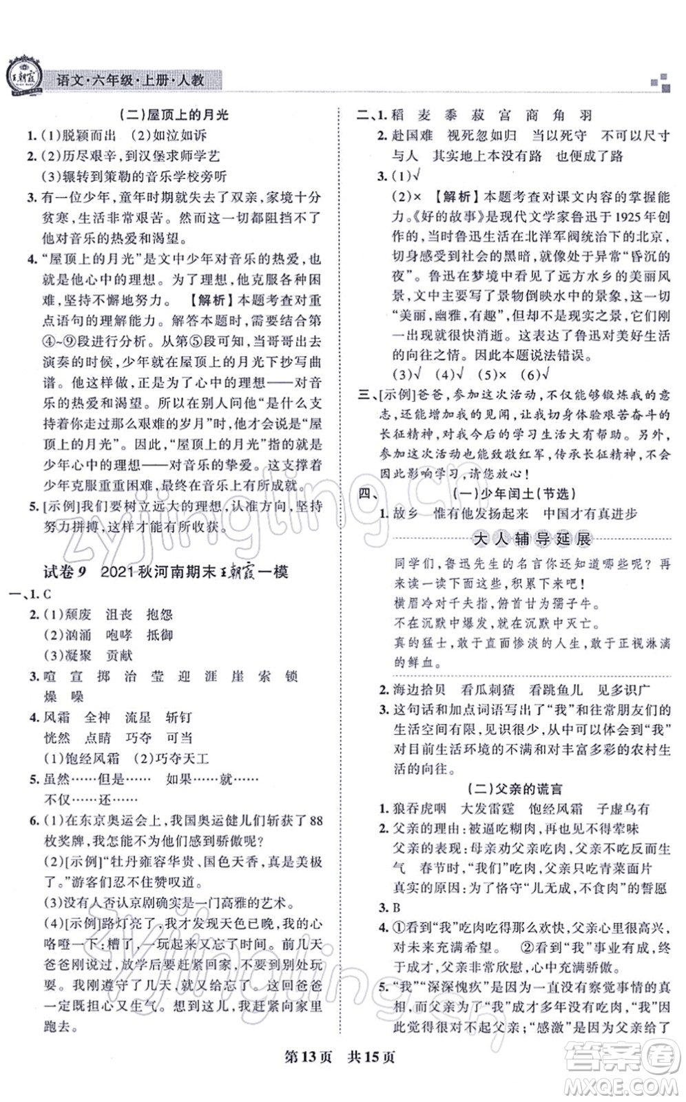 江西人民出版社2021王朝霞各地期末試卷精選六年級語文上冊RJ人教版河南專版答案