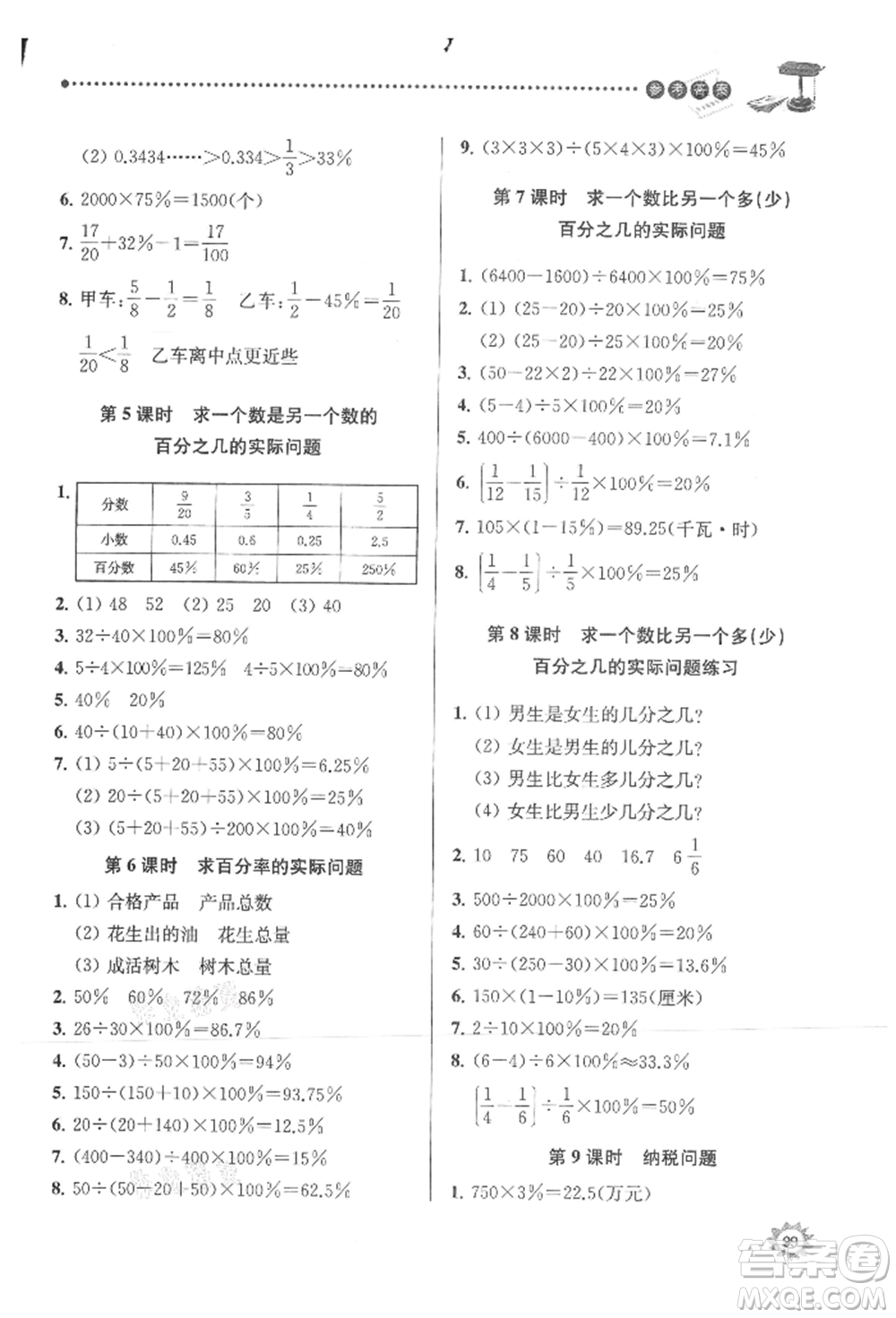 南京大學(xué)出版社2021課時(shí)天天練六年級(jí)數(shù)學(xué)上冊(cè)蘇教版參考答案