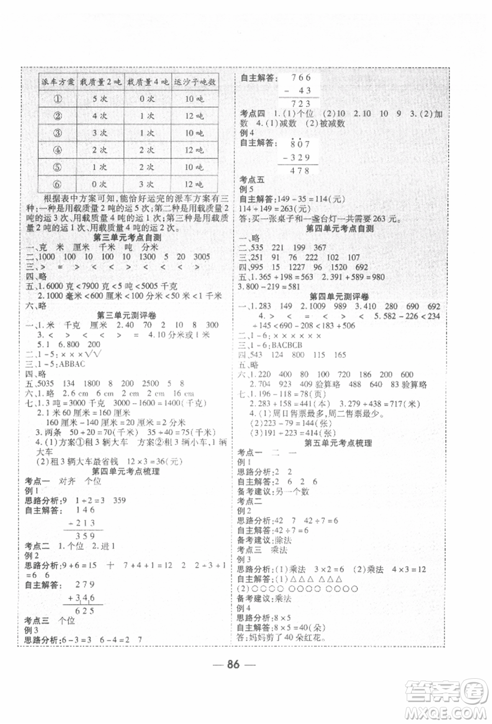 河北科學(xué)技術(shù)出版社2021成功一號名卷天下課時(shí)練測試卷三年級數(shù)學(xué)上冊人教版參考答案