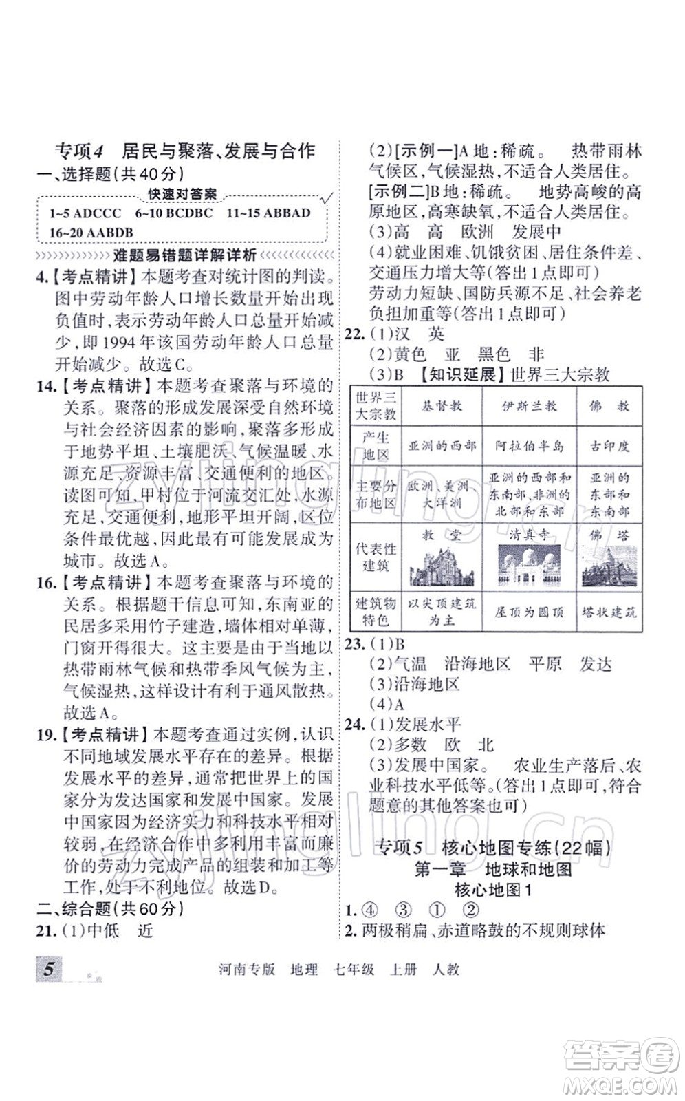 江西人民出版社2021王朝霞各地期末試卷精選七年級(jí)地理上冊(cè)RJ人教版河南專版答案