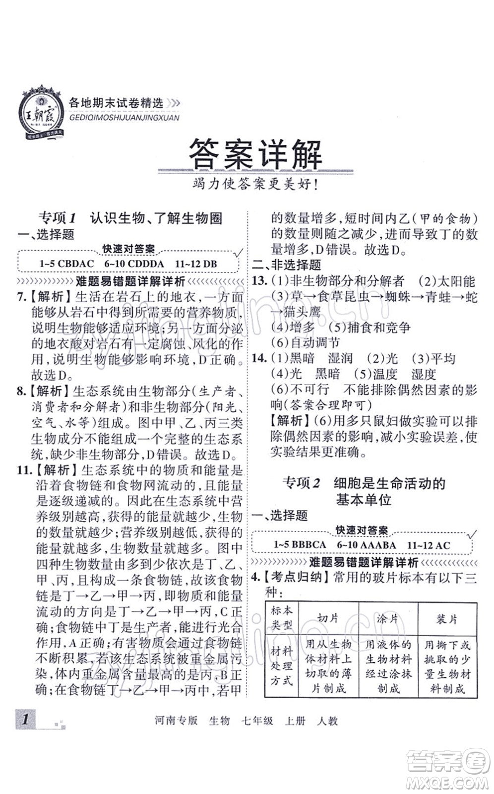 江西人民出版社2021王朝霞各地期末試卷精選七年級生物上冊RJ人教版河南專版答案