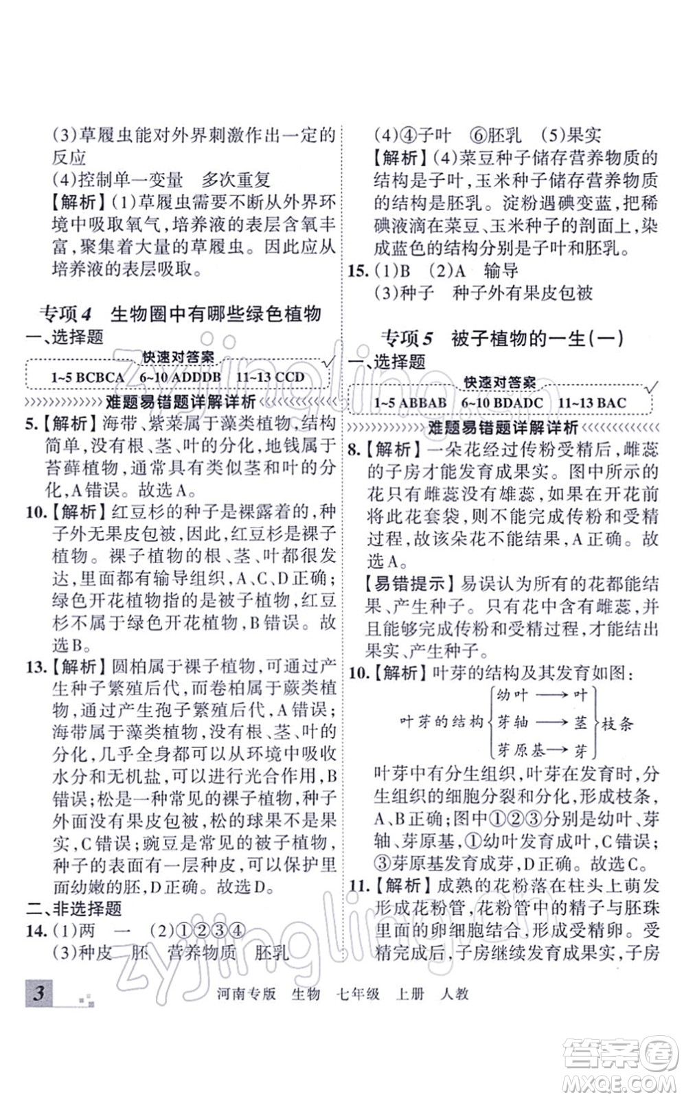 江西人民出版社2021王朝霞各地期末試卷精選七年級生物上冊RJ人教版河南專版答案