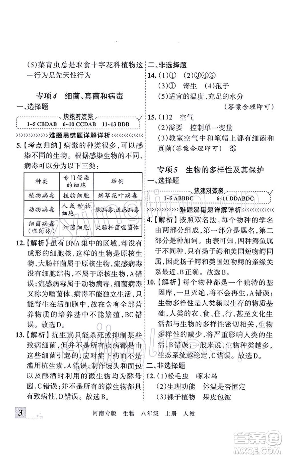 江西人民出版社2021王朝霞各地期末試卷精選八年級(jí)生物上冊(cè)RJ人教版河南專版答案