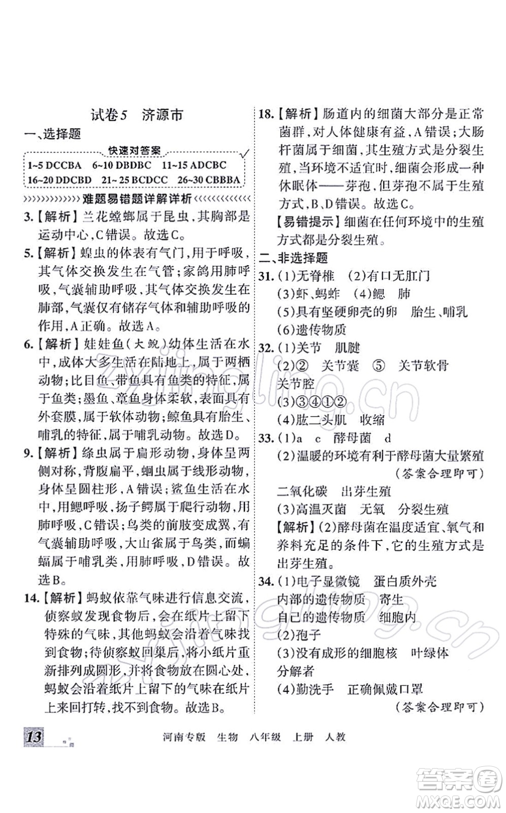 江西人民出版社2021王朝霞各地期末試卷精選八年級(jí)生物上冊(cè)RJ人教版河南專版答案