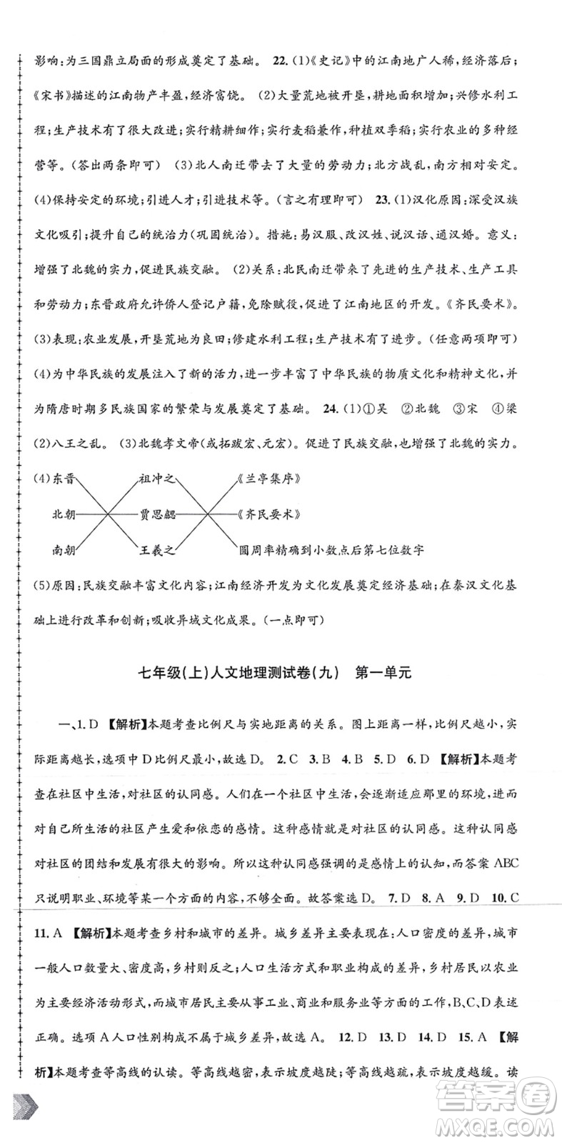 浙江工商大學(xué)出版社2021孟建平初中單元測試七年級歷史與社會(huì)道德與法治上冊R人教版答案