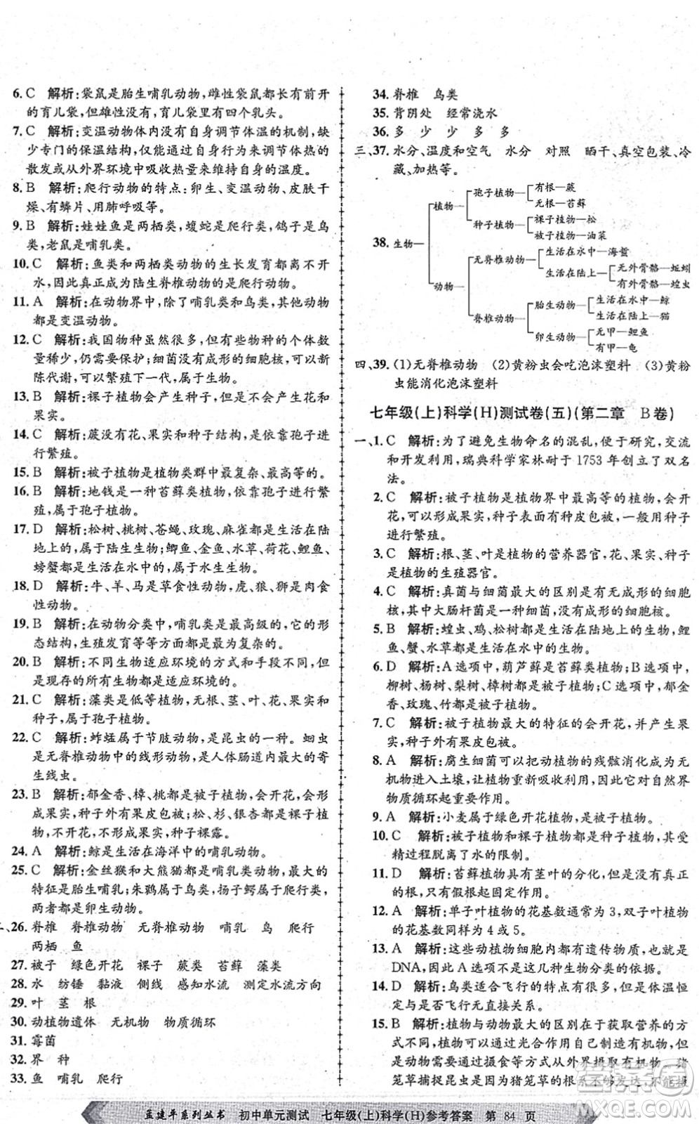 浙江工商大學(xué)出版社2021孟建平初中單元測試七年級科學(xué)上冊H華師版答案