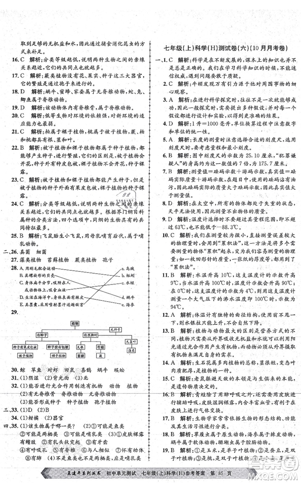 浙江工商大學(xué)出版社2021孟建平初中單元測試七年級科學(xué)上冊H華師版答案