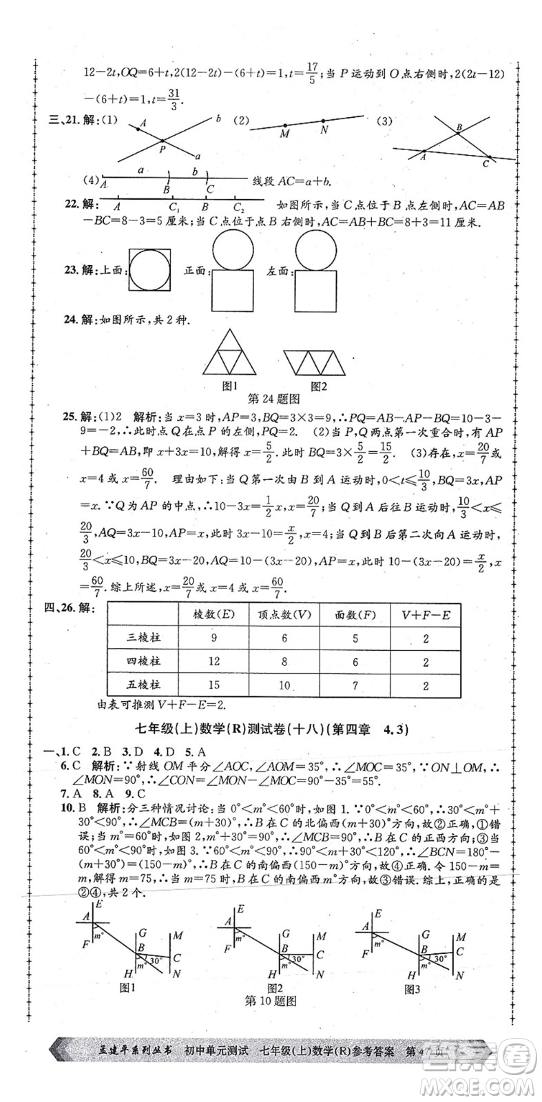 浙江工商大學(xué)出版社2021孟建平初中單元測試七年級數(shù)學(xué)上冊R人教版答案