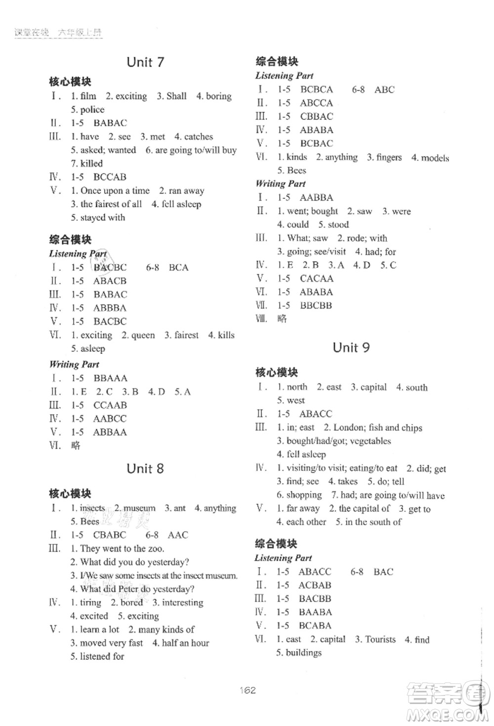 華中科技大學(xué)出版社2021課堂在線六年級(jí)英語(yǔ)上冊(cè)滬教版參考答案