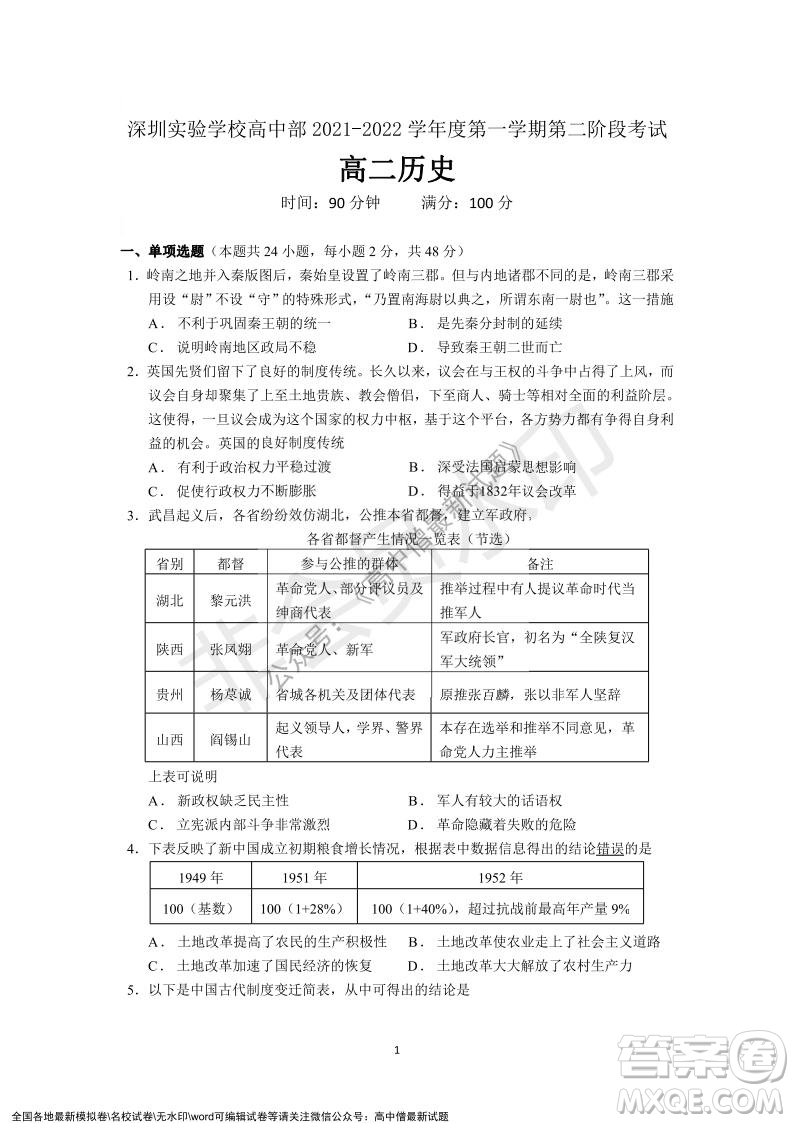 深圳實(shí)驗(yàn)學(xué)校高中部2021-2022學(xué)年度第一學(xué)期第二階段考試高二歷史試題及答案