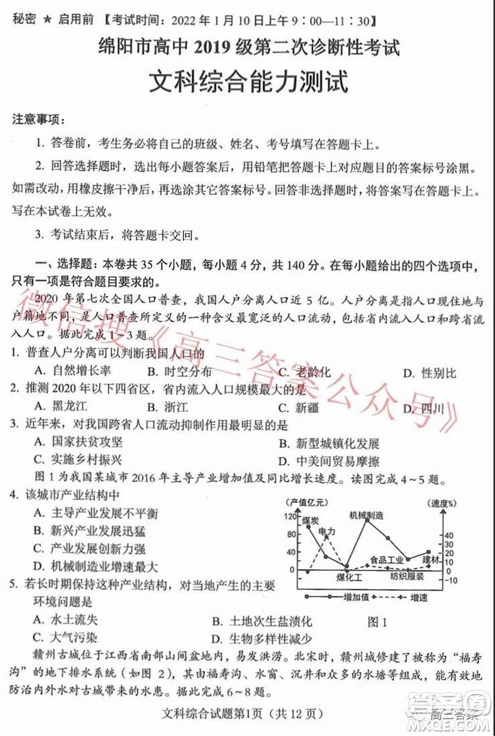 綿陽(yáng)市高中2019級(jí)第二次診斷性考試文科綜合試題及答案