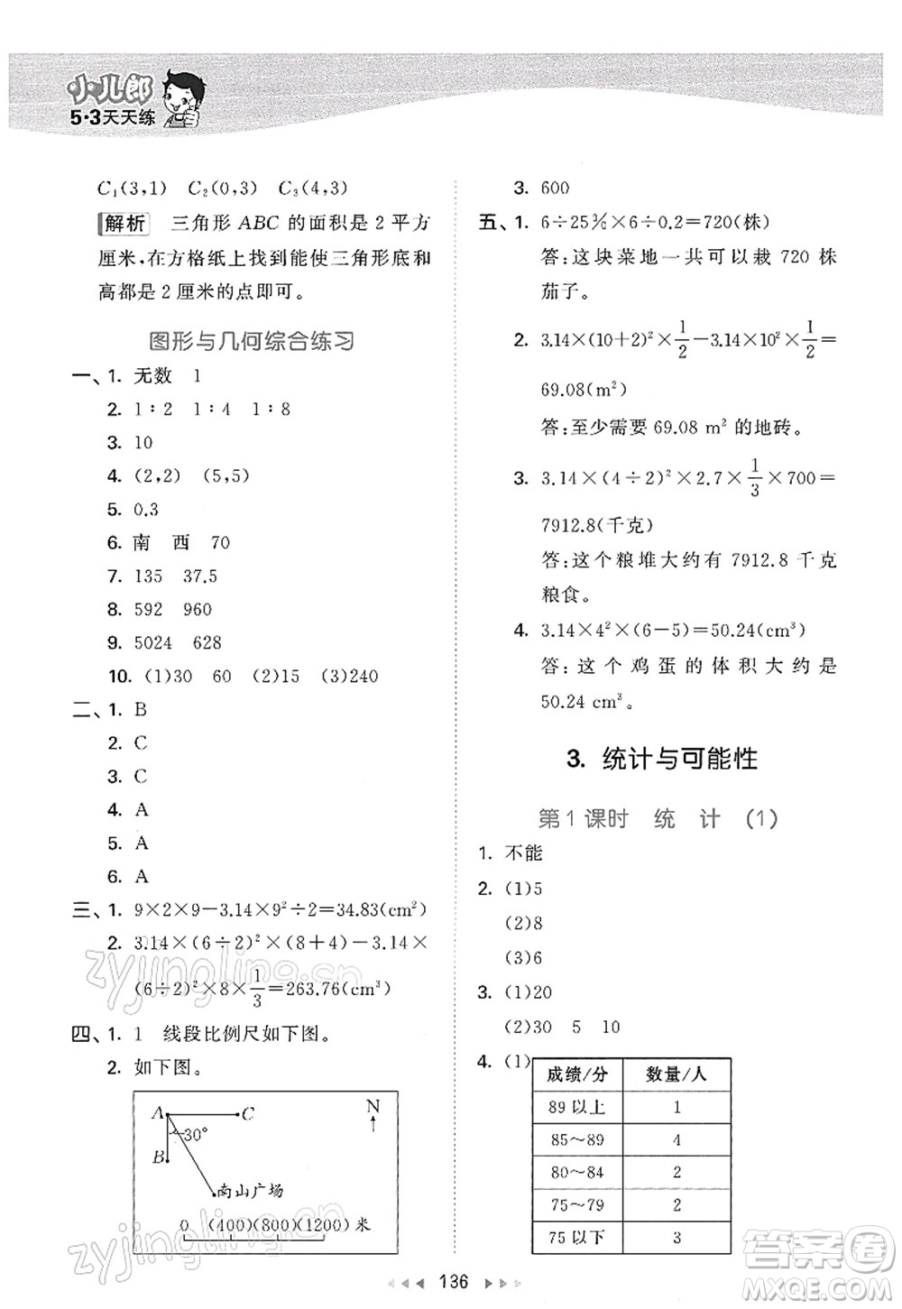 教育科學(xué)出版社2022春季53天天練六年級(jí)數(shù)學(xué)下冊(cè)SJ蘇教版答案