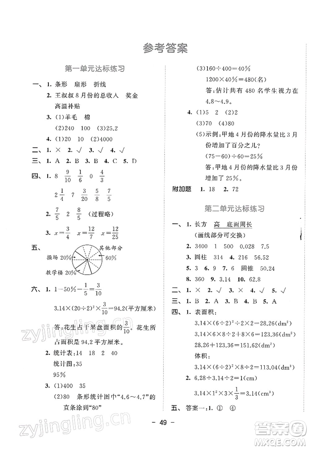 教育科學(xué)出版社2022春季53天天練六年級(jí)數(shù)學(xué)下冊(cè)SJ蘇教版答案