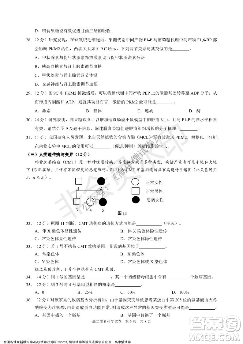 上海黃浦區(qū)2021學(xué)年度第一學(xué)期高三年級期終調(diào)研測試生命科學(xué)試題及答案