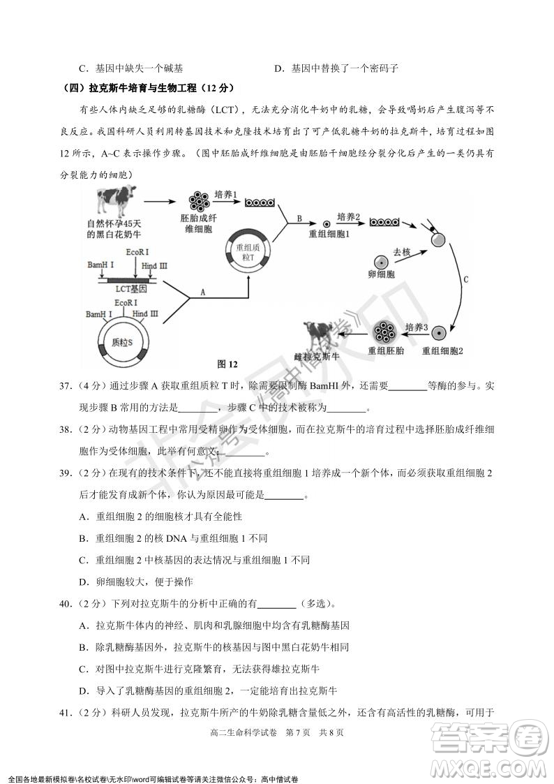 上海黃浦區(qū)2021學(xué)年度第一學(xué)期高三年級期終調(diào)研測試生命科學(xué)試題及答案