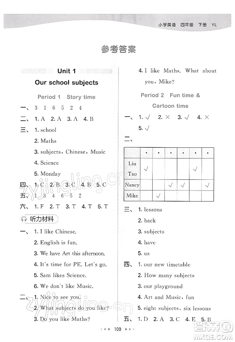 教育科學(xué)出版社2022春季53天天練四年級(jí)英語(yǔ)下冊(cè)YL譯林版答案