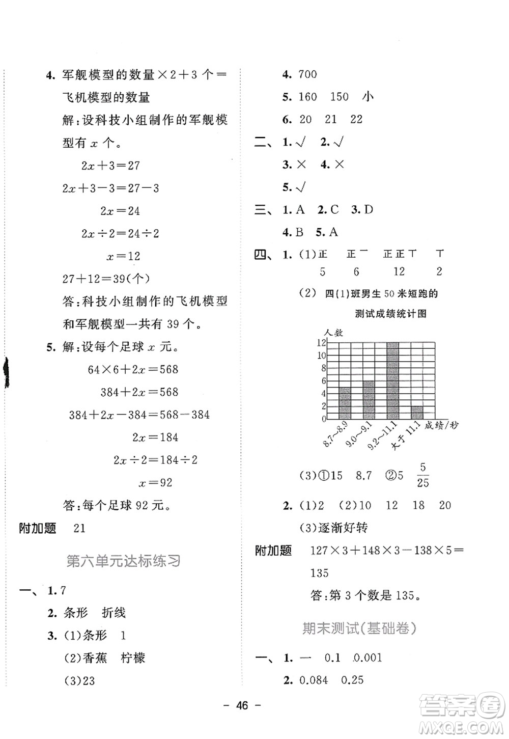 教育科學(xué)出版社2022春季53天天練四年級(jí)數(shù)學(xué)下冊(cè)BSD北師大版答案