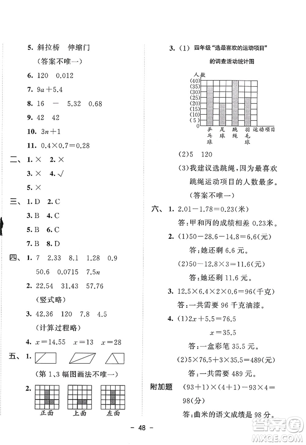 教育科學(xué)出版社2022春季53天天練四年級(jí)數(shù)學(xué)下冊(cè)BSD北師大版答案