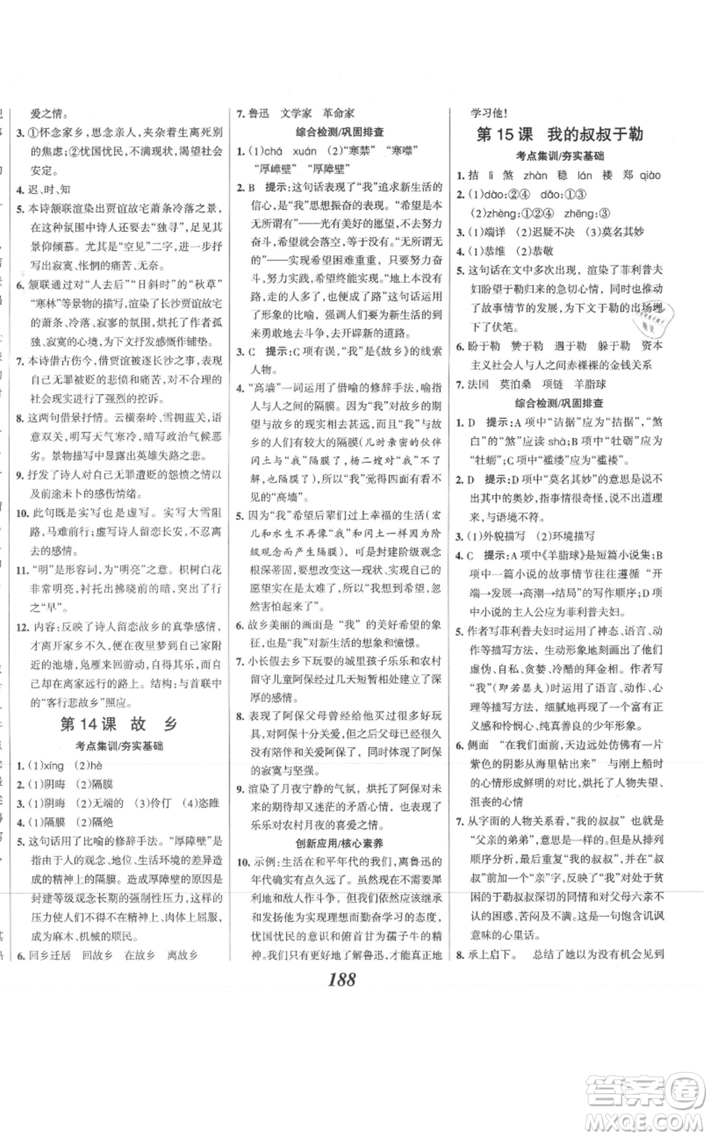 云南科技出版社2021全優(yōu)課堂考點(diǎn)集訓(xùn)與滿分備考九年級(jí)語文上冊(cè)人教版河北專用參考答案