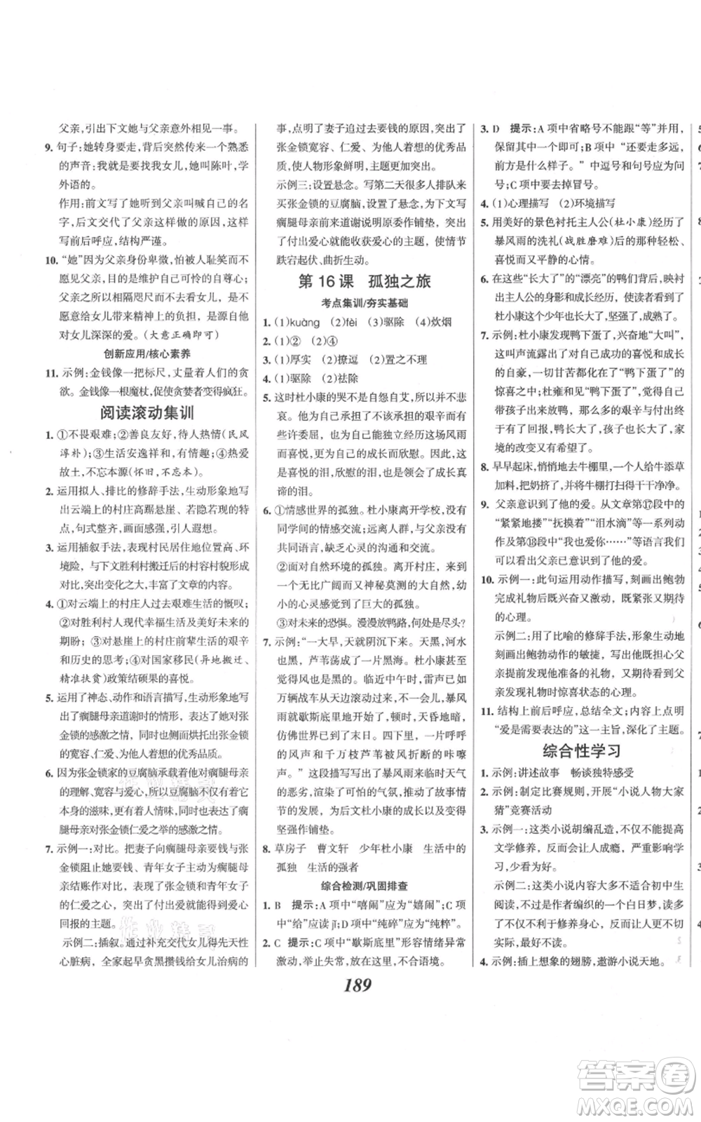 云南科技出版社2021全優(yōu)課堂考點(diǎn)集訓(xùn)與滿分備考九年級(jí)語文上冊(cè)人教版河北專用參考答案