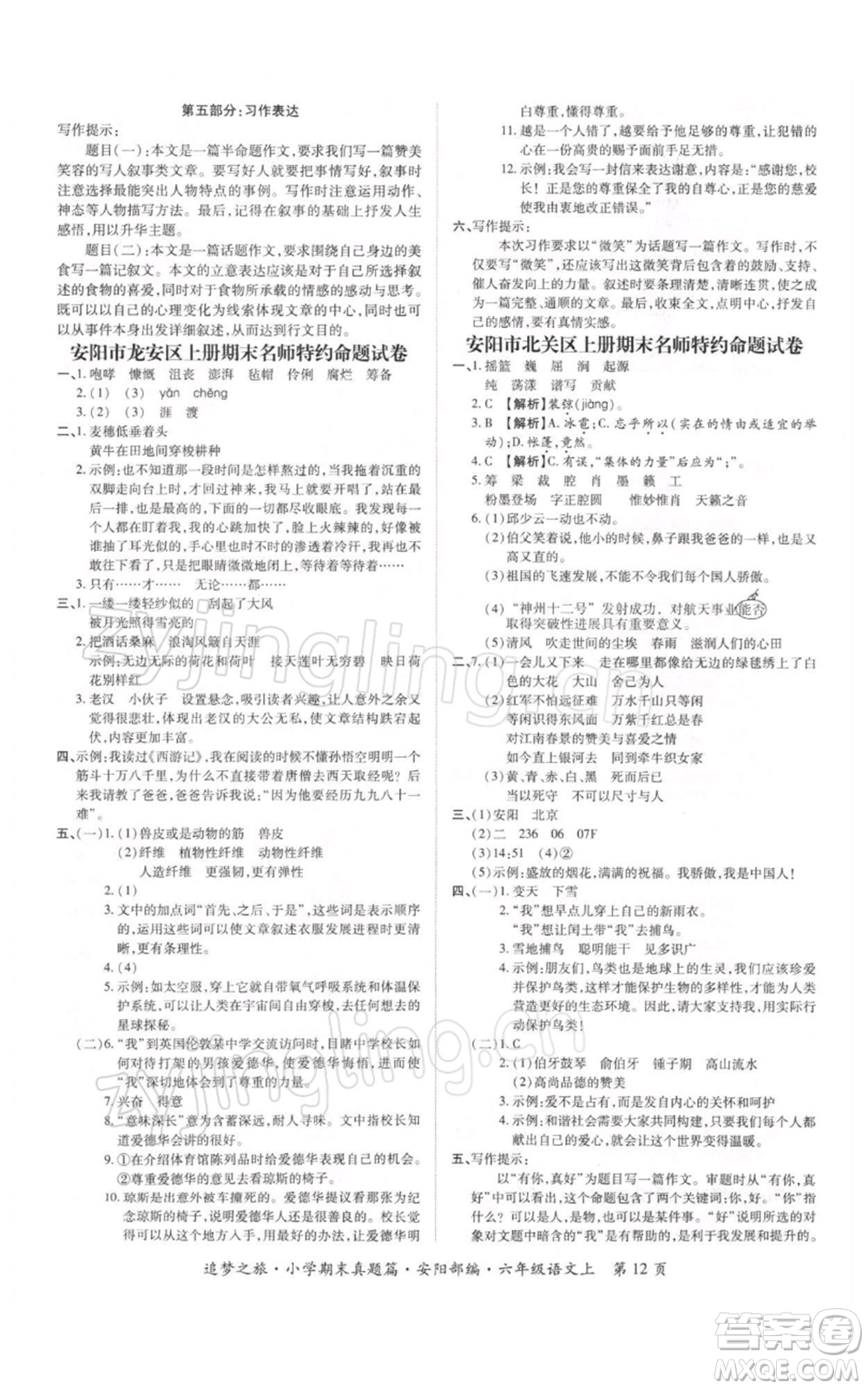 天津科學(xué)技術(shù)出版社2021追夢之旅小學(xué)期末真題篇六年級語文上冊人教版安陽專版參考答案