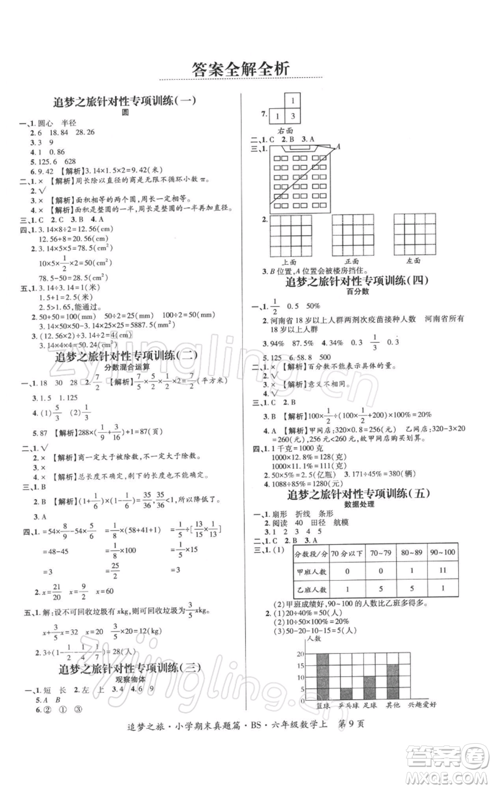 天津科學技術出版社2021追夢之旅小學期末真題篇六年級數(shù)學上冊北師大版河南專版參考答案