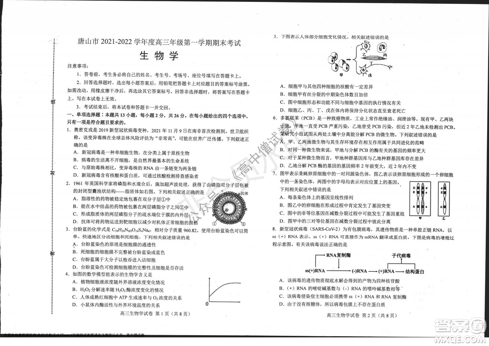 唐山市2021-2022學(xué)年度高三年級(jí)第一學(xué)期期末考試生物試題及答案