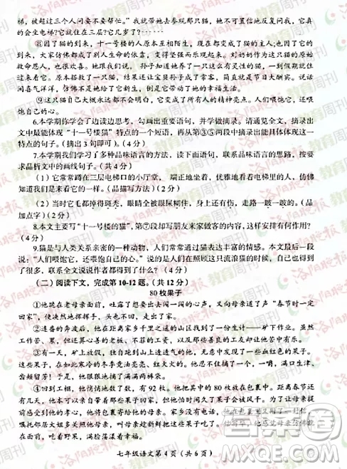 洛陽市2021-2022學(xué)年第一學(xué)期期末考試七年級語文試題及答案