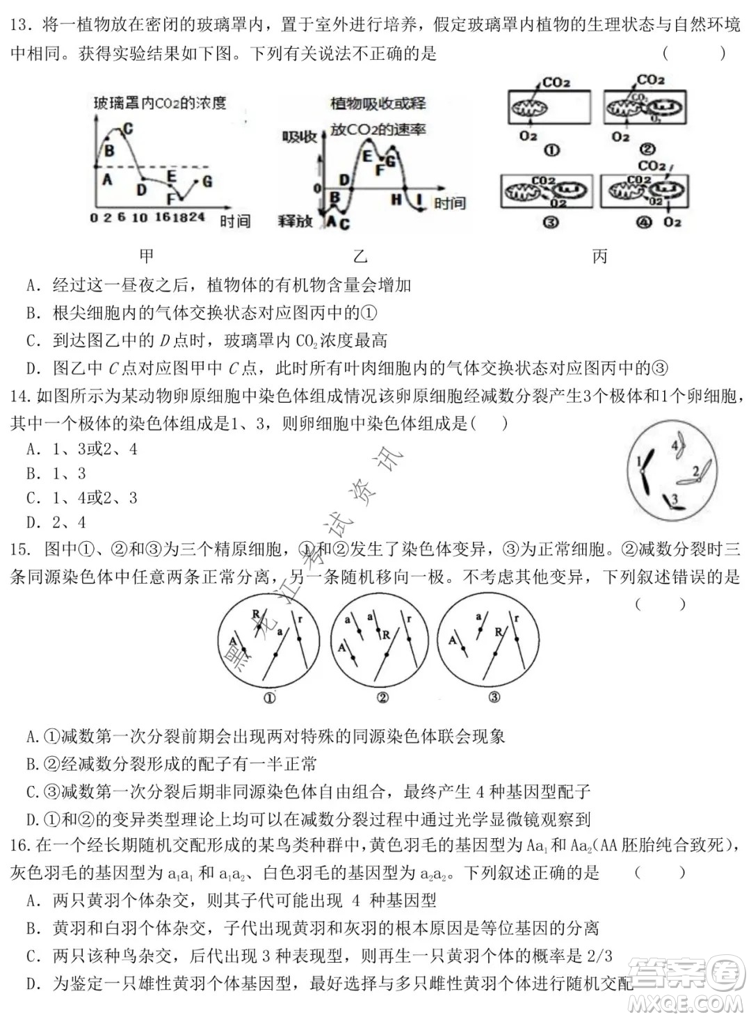 哈爾濱市第六中學(xué)2019級(jí)上學(xué)期期末考試高三生物試題及答案