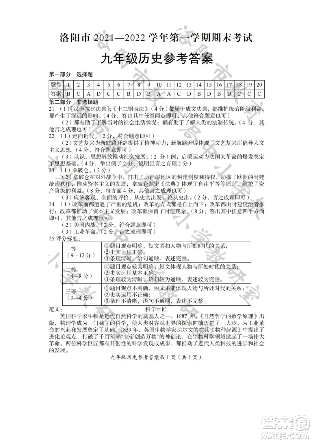 洛陽市2021-2022學(xué)年第一學(xué)期期末考試九年級歷史試題及答案