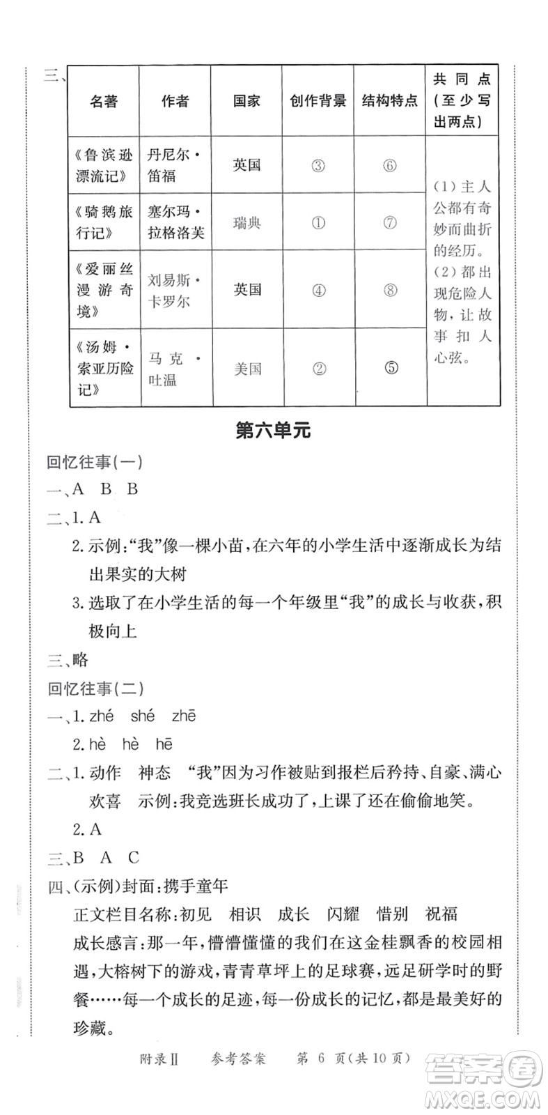 龍門書局2022黃岡小狀元作業(yè)本六年級語文下冊R人教版答案