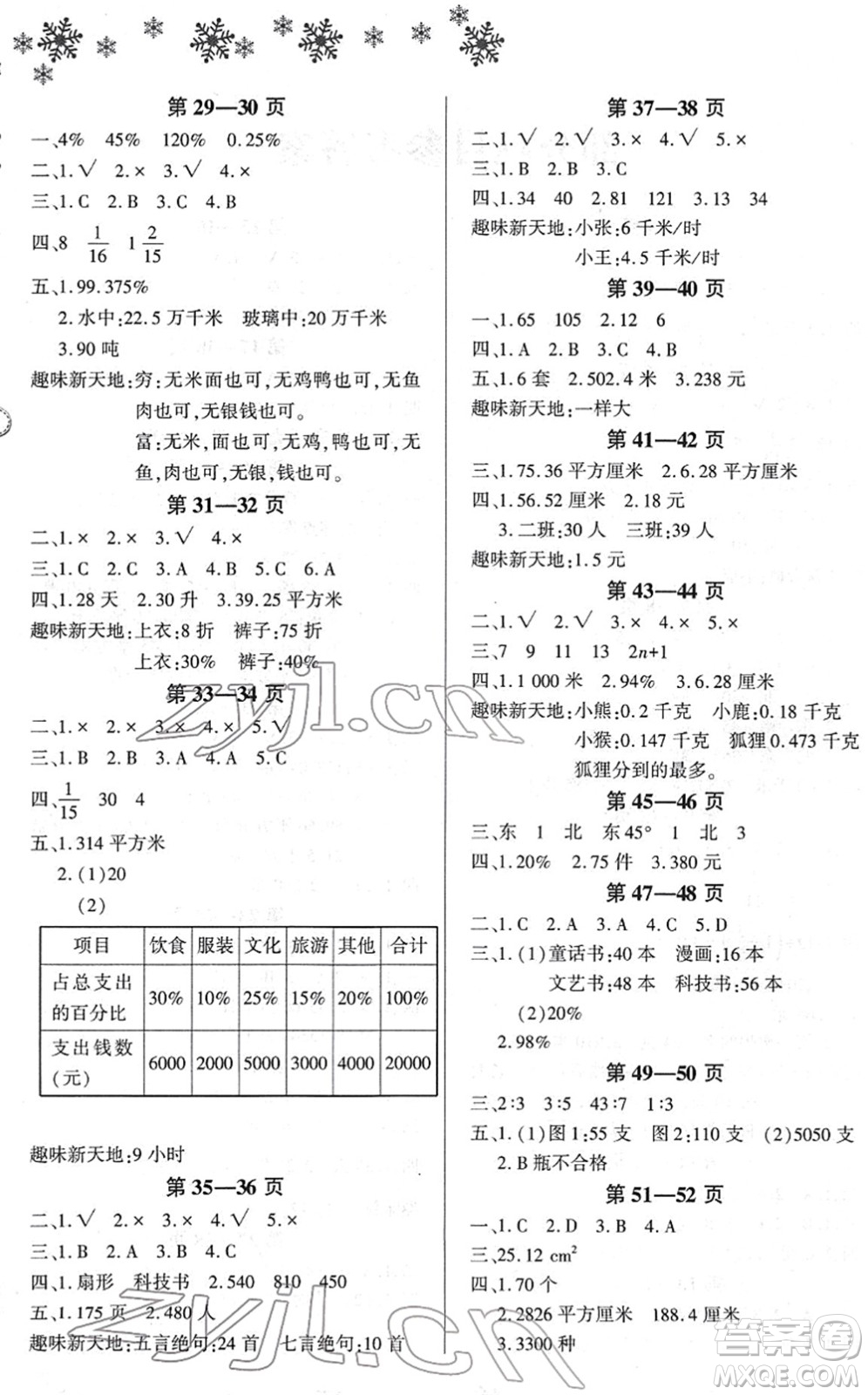 河南電子音像出版社2022新思維寒假作業(yè)六年級數(shù)學RJ人教版答案