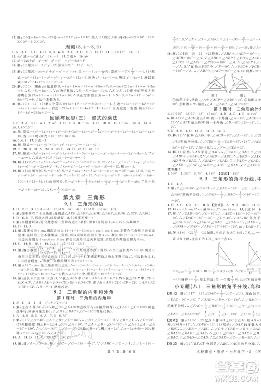 安徽師范大學(xué)出版社2022名校課堂七年級(jí)數(shù)學(xué)下冊(cè)冀教版河北專版參考答案