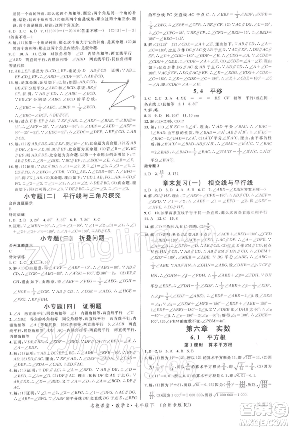 廣東經濟出版社2022名校課堂七年級數學下冊人教版臺州專版參考答案