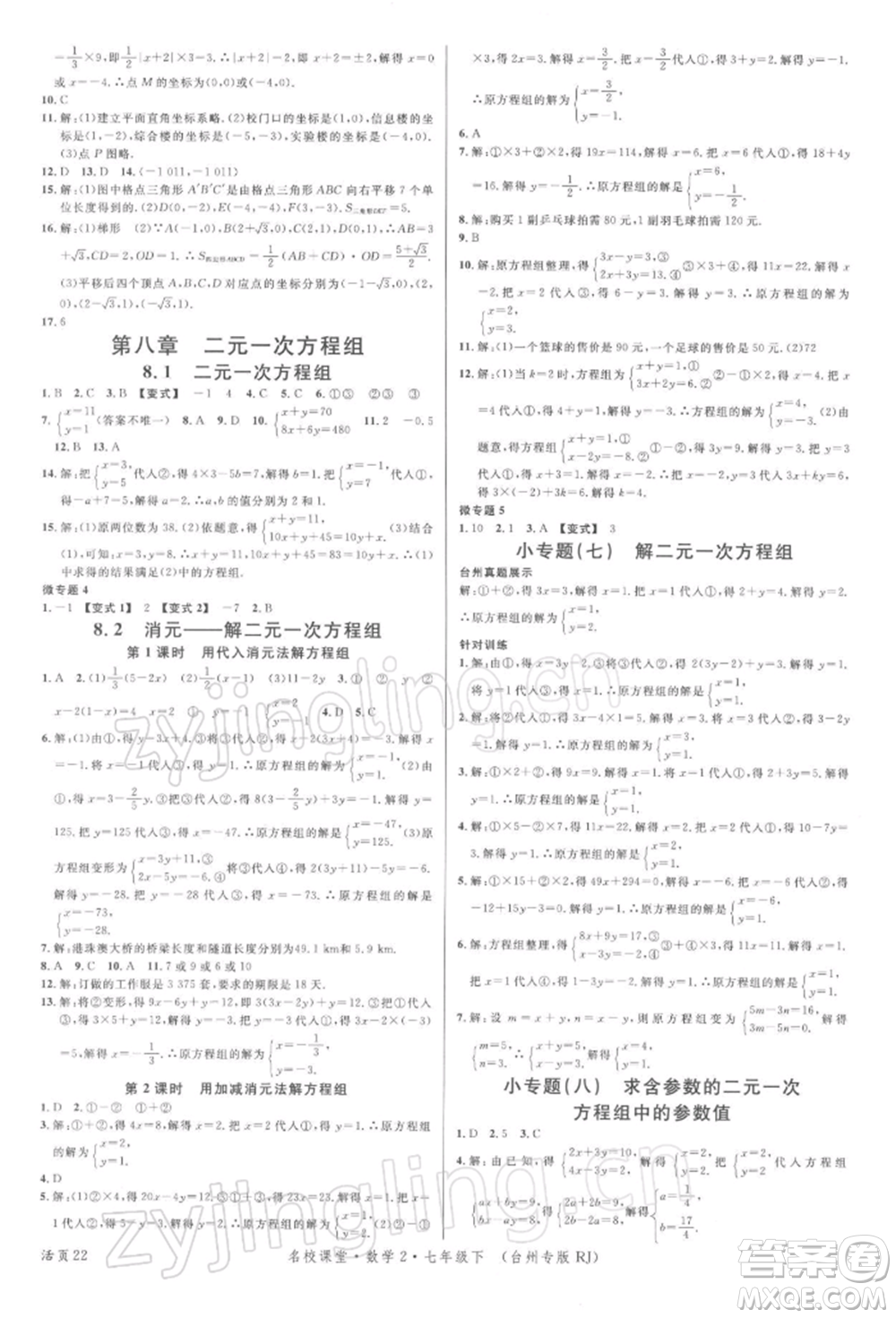 廣東經濟出版社2022名校課堂七年級數學下冊人教版臺州專版參考答案