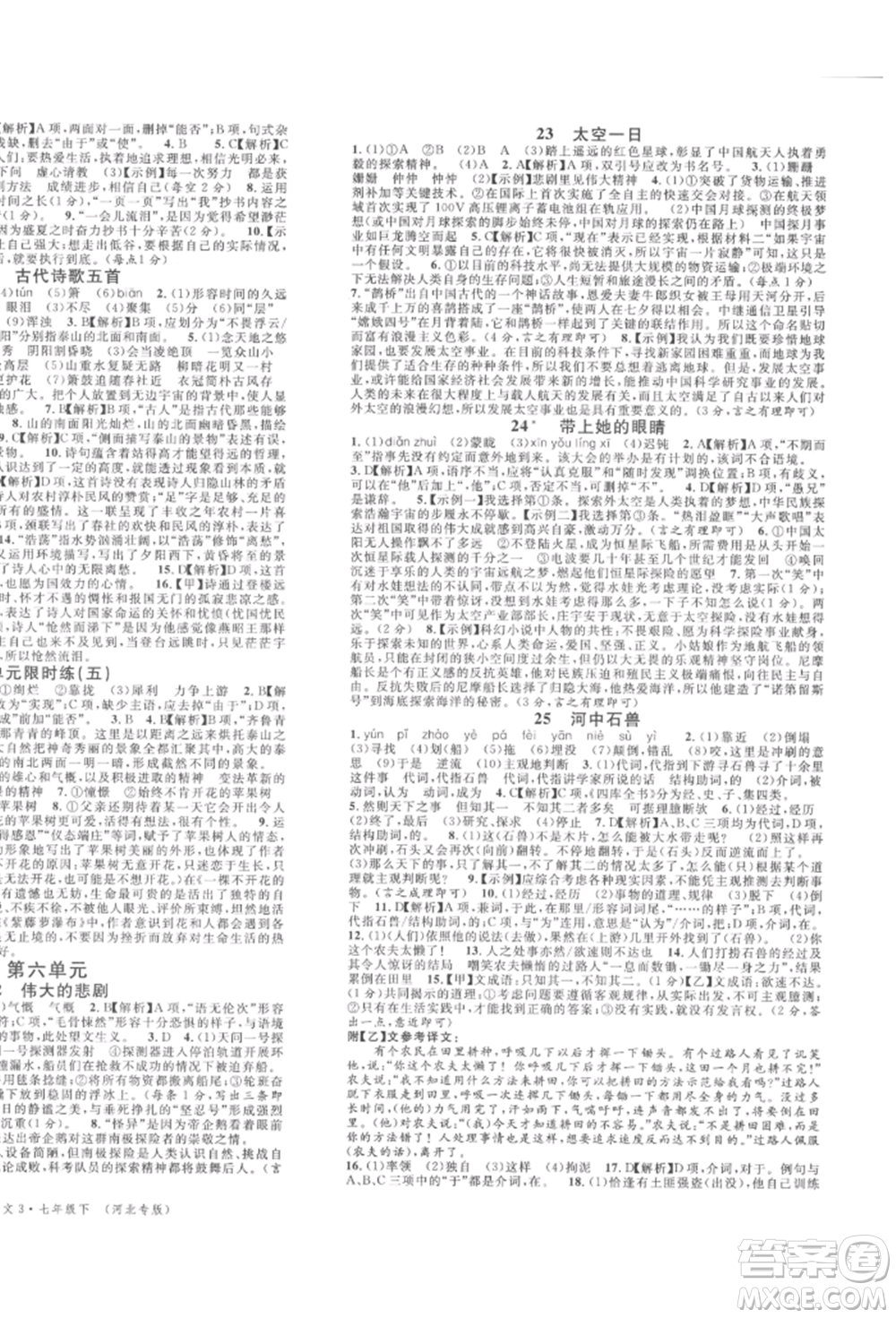 安徽師范大學(xué)出版社2022名校課堂晨讀手冊(cè)七年級(jí)語(yǔ)文下冊(cè)人教版河北專版參考答案