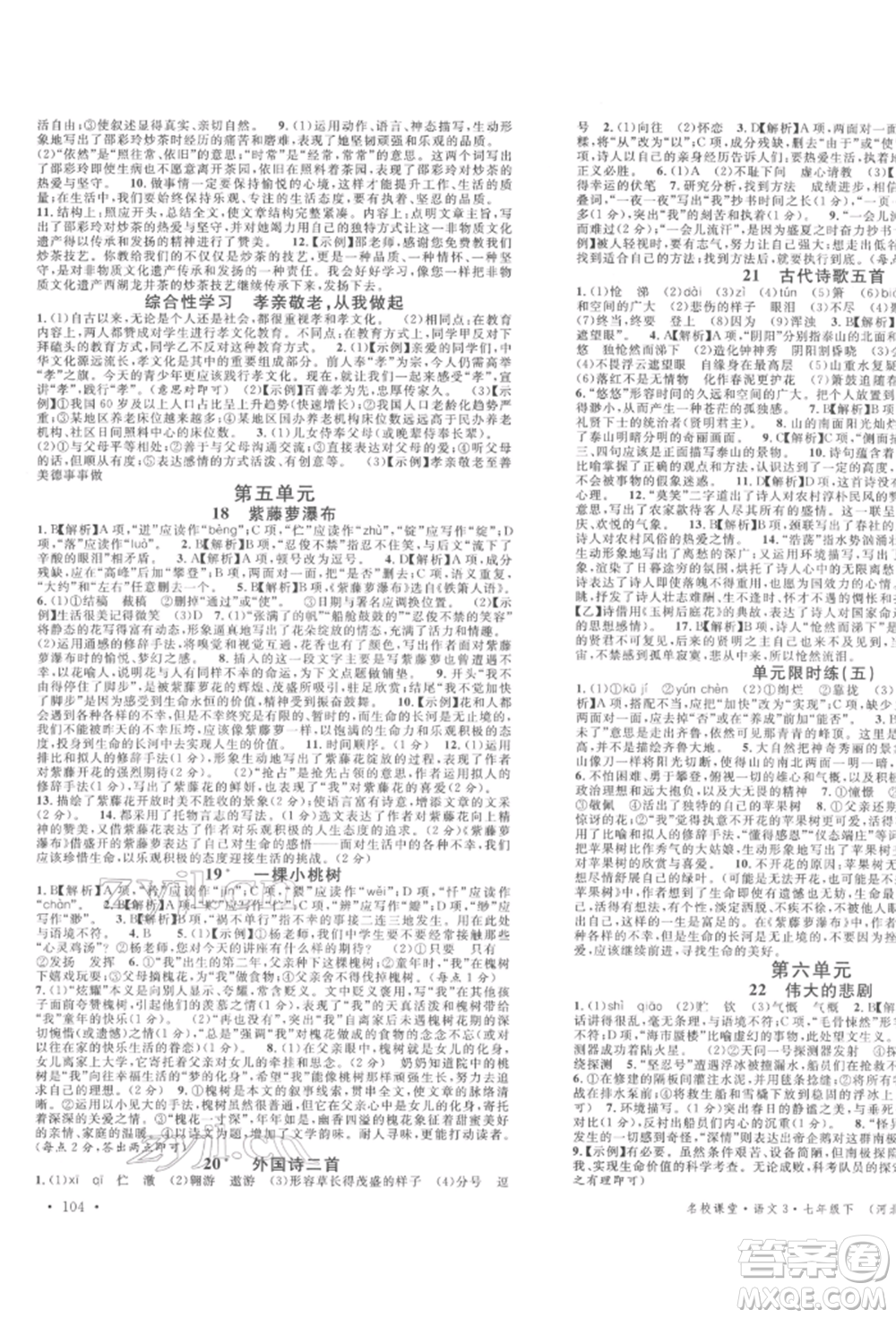 安徽師范大學(xué)出版社2022名校課堂晨讀手冊(cè)七年級(jí)語(yǔ)文下冊(cè)人教版河北專版參考答案