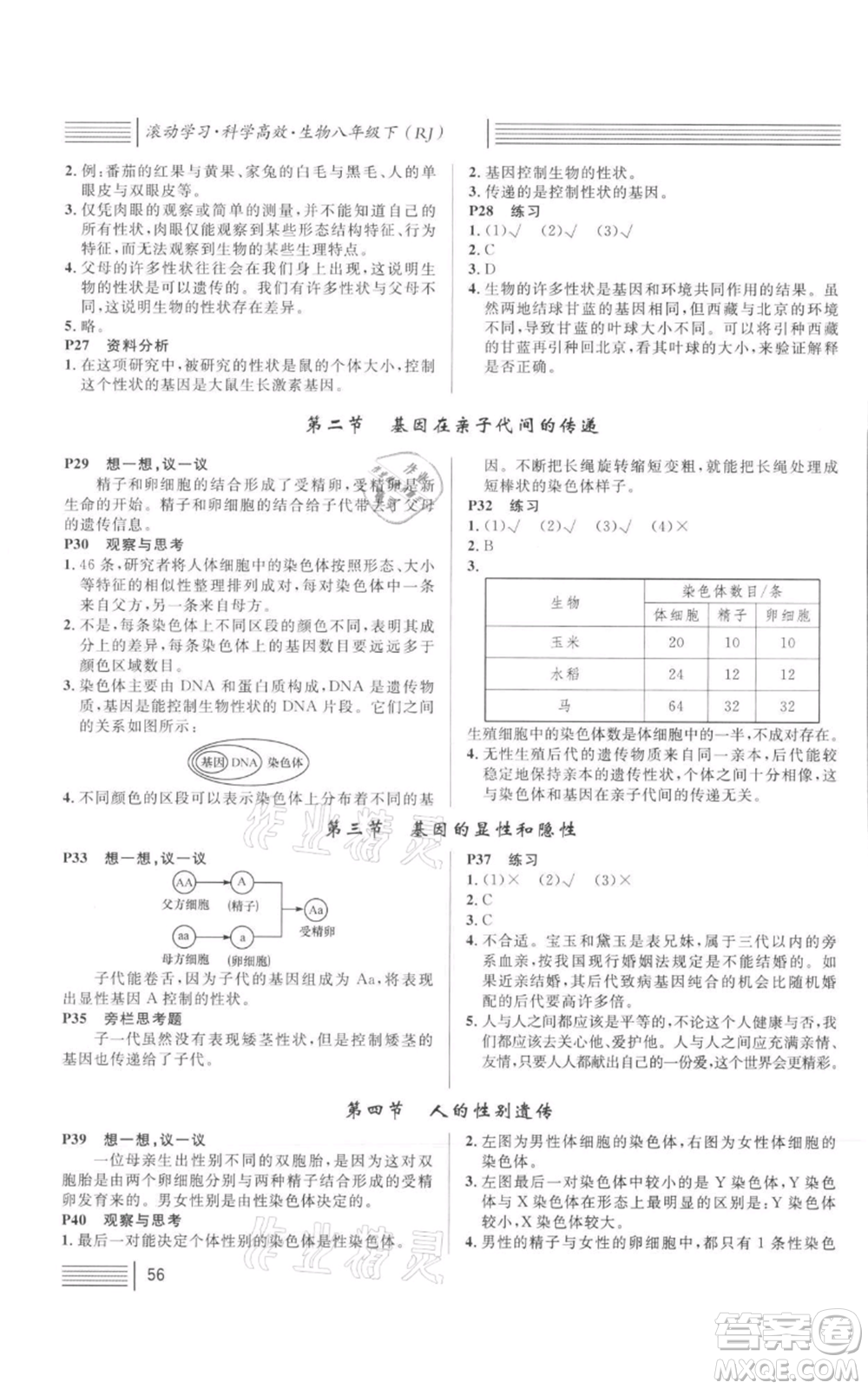 中國(guó)地圖出版社2022名校課堂期末復(fù)習(xí)八年級(jí)生物下冊(cè)人教版湖北三市專版參考答案