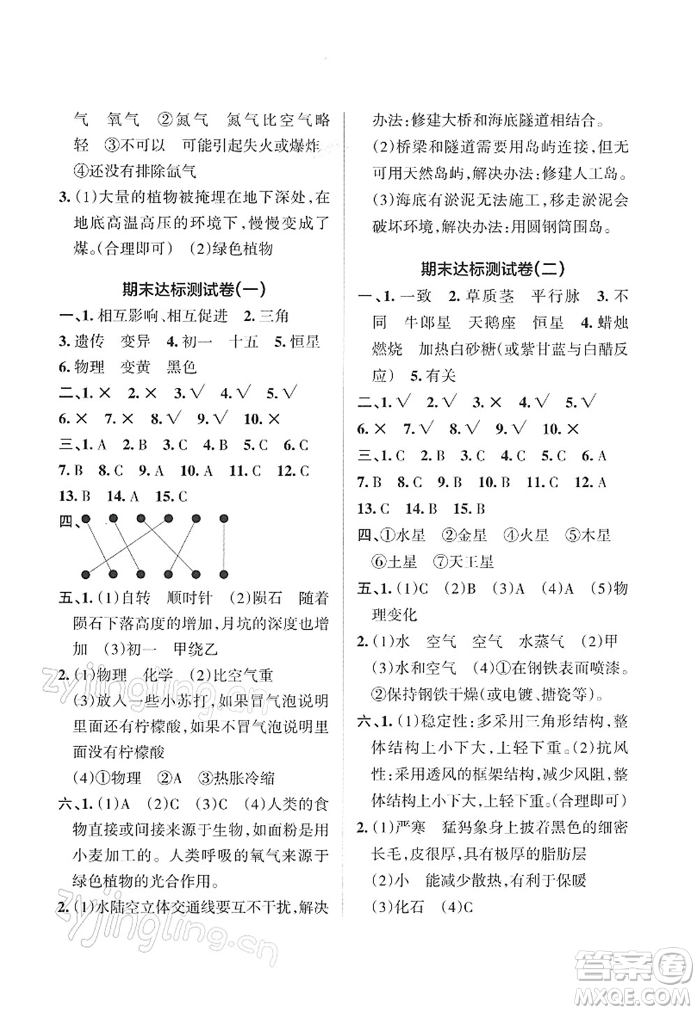 陜西師范大學(xué)出版總社2022PASS小學(xué)學(xué)霸作業(yè)本六年級(jí)科學(xué)下冊(cè)JK教科版答案